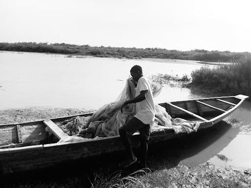 A person stands in a wooden boat, pulling in a fishing net, near the edge of a calm river.